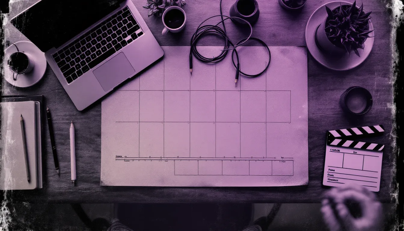 Storyboard, laptop timeline and clapperboard on a desk