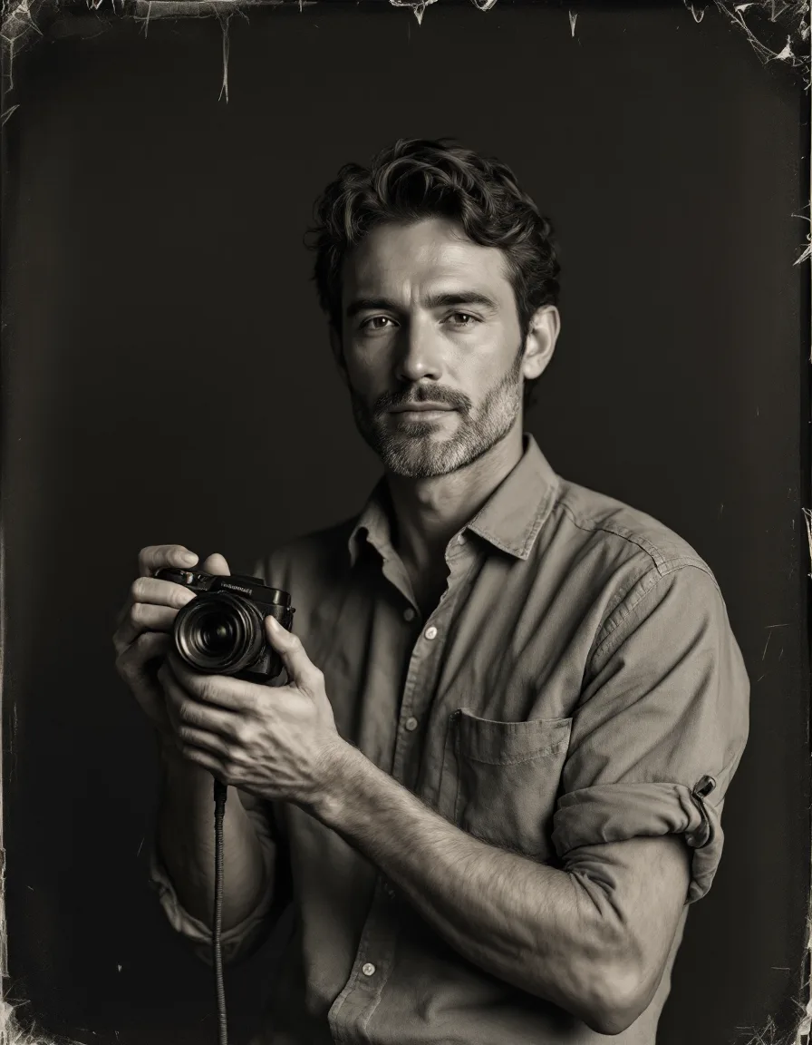 Tintype-style portrait of the production lead holding a camera and microphone cable