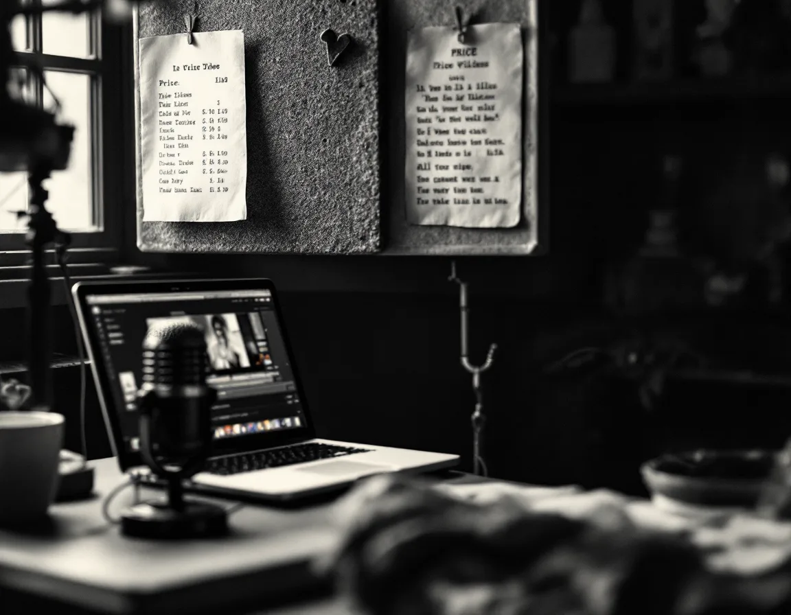 Editing desk with a laptop timeline and a typed price list pinned above it